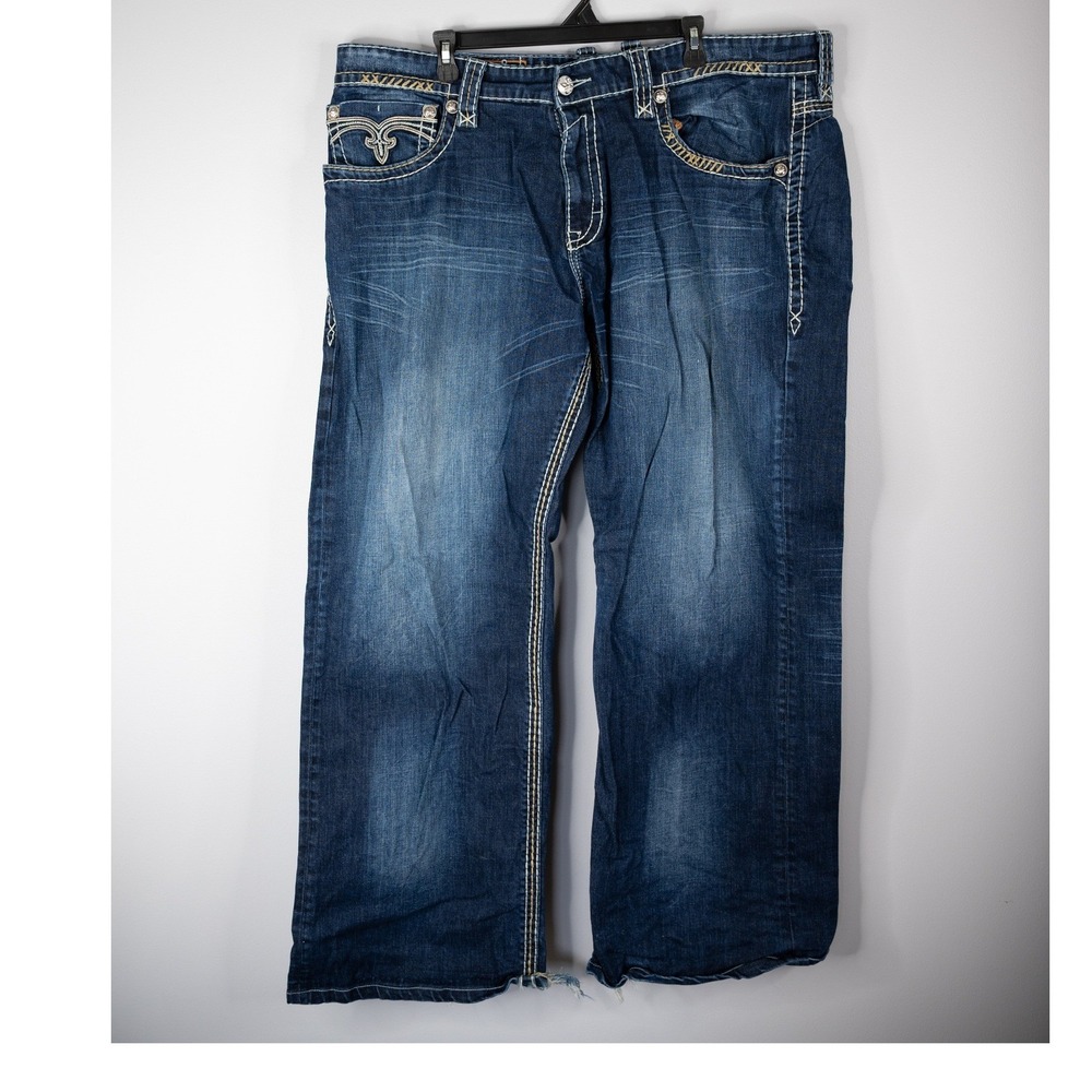 Rock Revival Jeans Men 44 Blue Fair Pablo Relaxed Straight Thick Stitch Denim